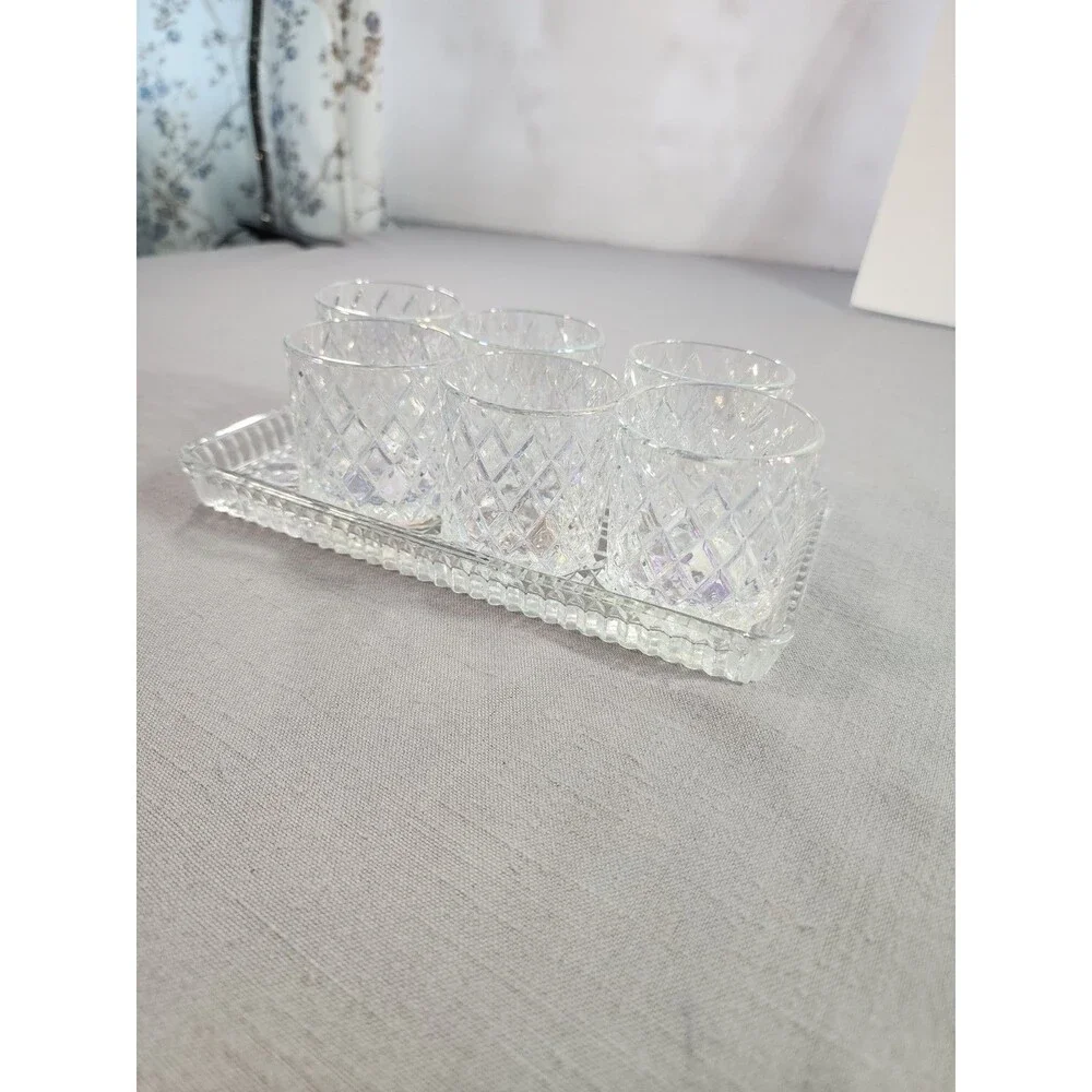Vintage Cut Crystal Shot Glasses Set of 6 with Matching Rectangular Serving Tray
